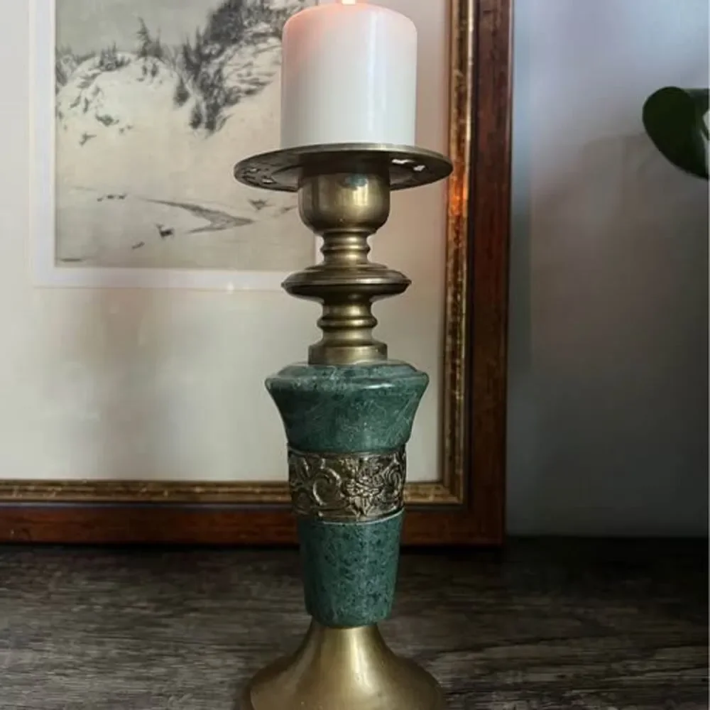 Vintage Green Marble and Brass Candle Holder - needs repair